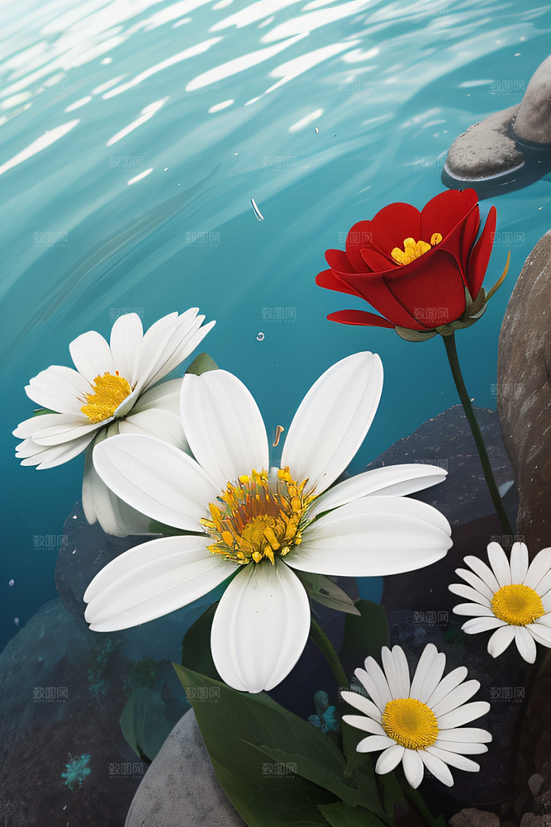 神秘红花深海水底花瓣与心露相映