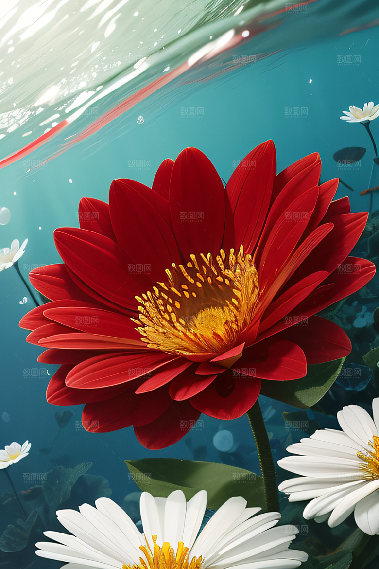 神奇红花深海水底花瓣与心露
