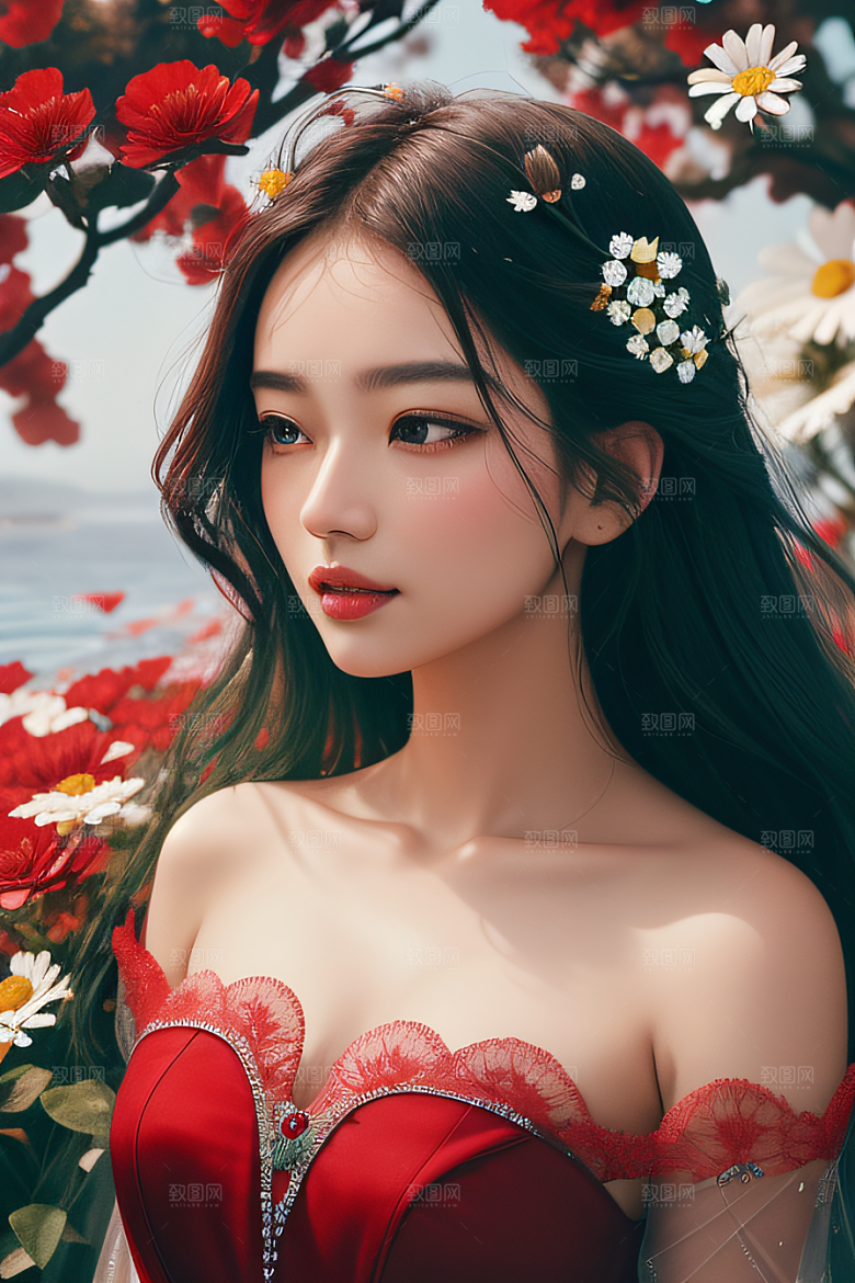 神秘红花深海水底花瓣与露心