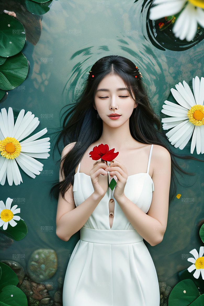 神秘红花深海水底花瓣与露心