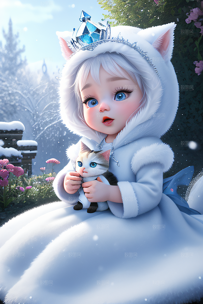 小猫咪扮演皮克斯风格雪后女王可爱模样