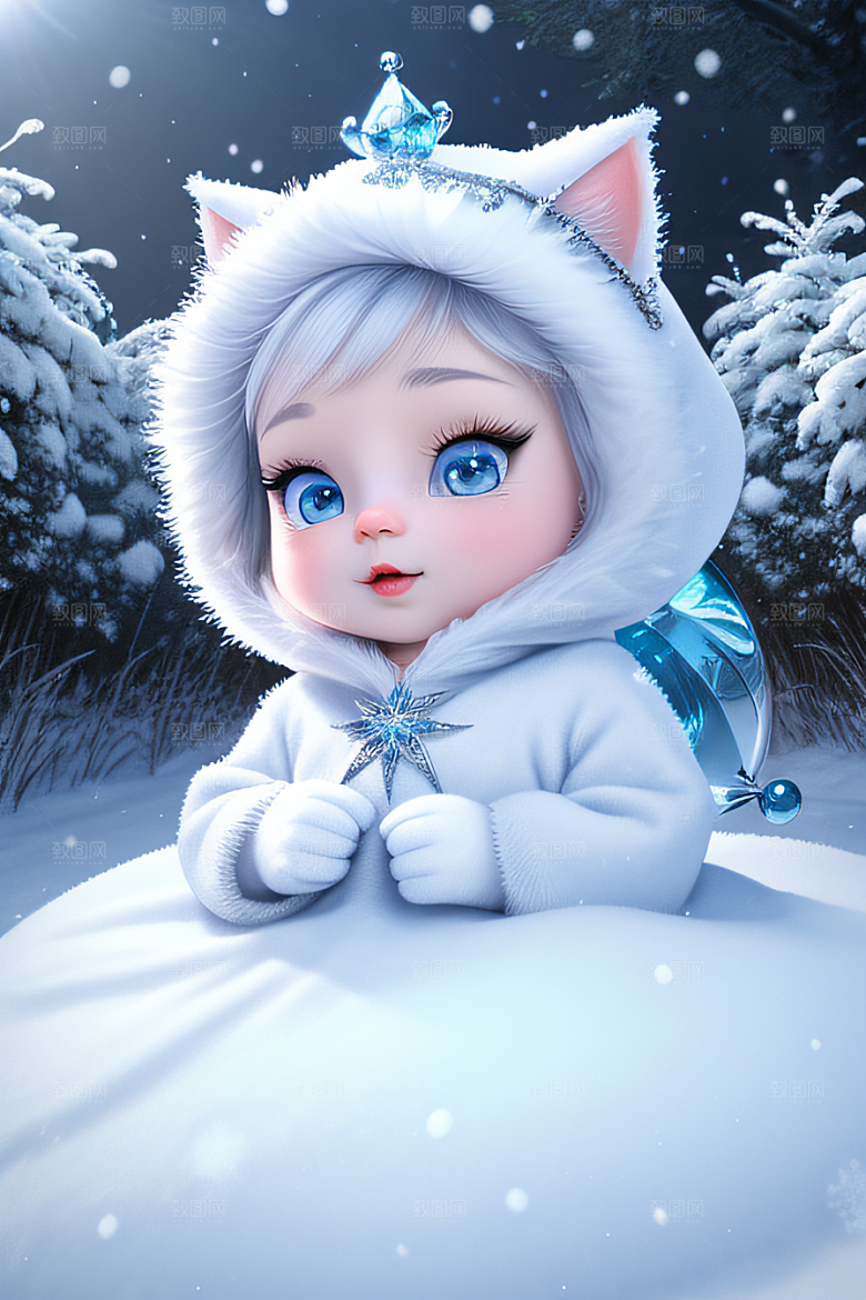 小猫咪扮演皮克斯风格雪后女王可爱模样