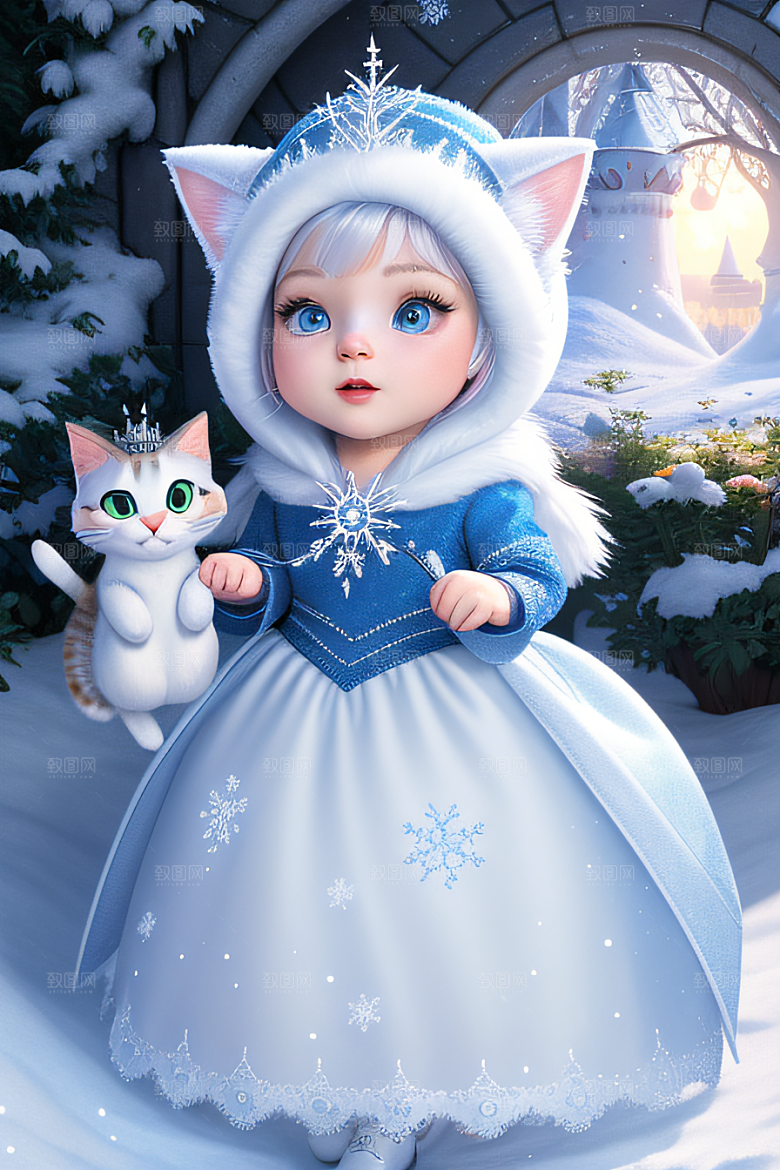 可爱的宝贝猫咪化身雪后女王皮克斯风格
