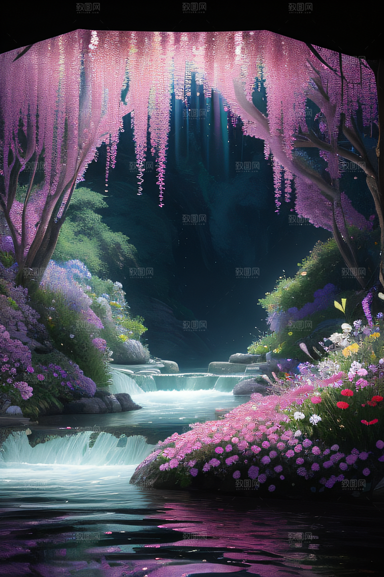 水流湍急中的花卉奇观视觉盛宴