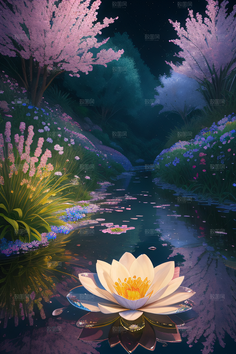 水流湍急中的花卉奇观视觉盛宴