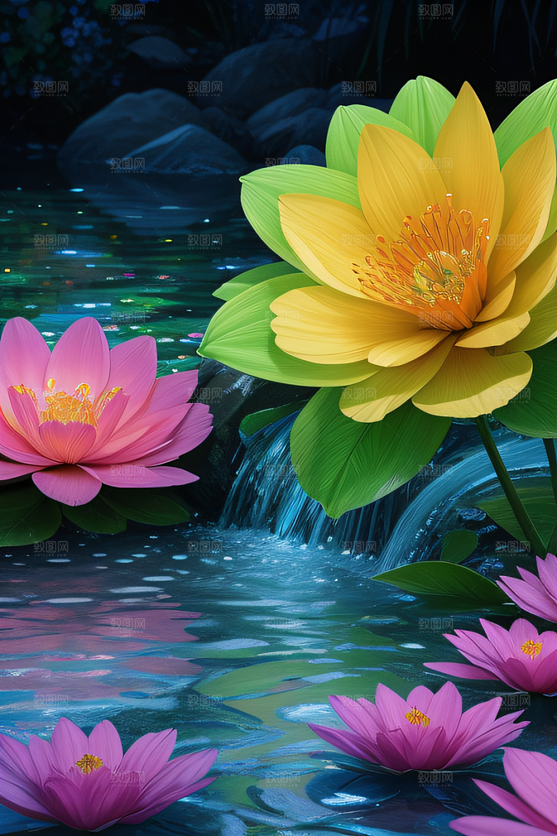 水流湍急中的花卉奇观视觉盛宴