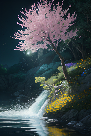 水流湍急中的花卉奇观视觉盛宴