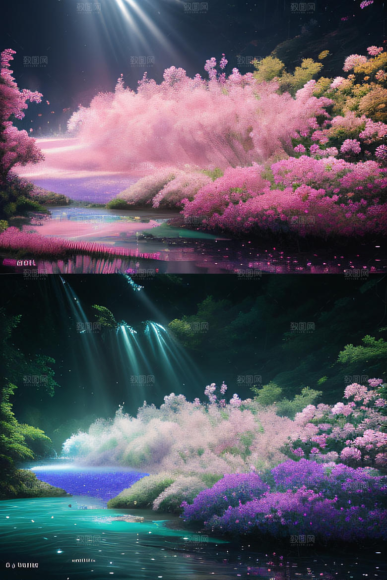 水流湍急中的花卉奇观视觉盛宴