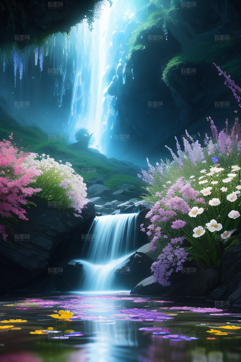 水流湍急中的花朵绽放美丽奇观