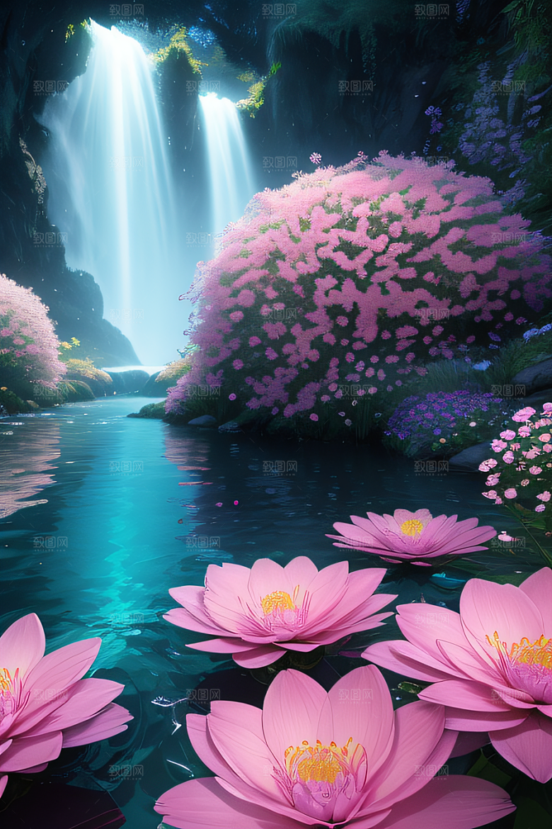 水流湍急中的花朵绽放美丽奇观