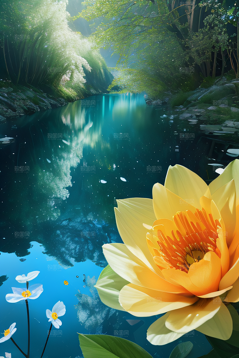 水流湍急中的花朵绽放美丽奇观
