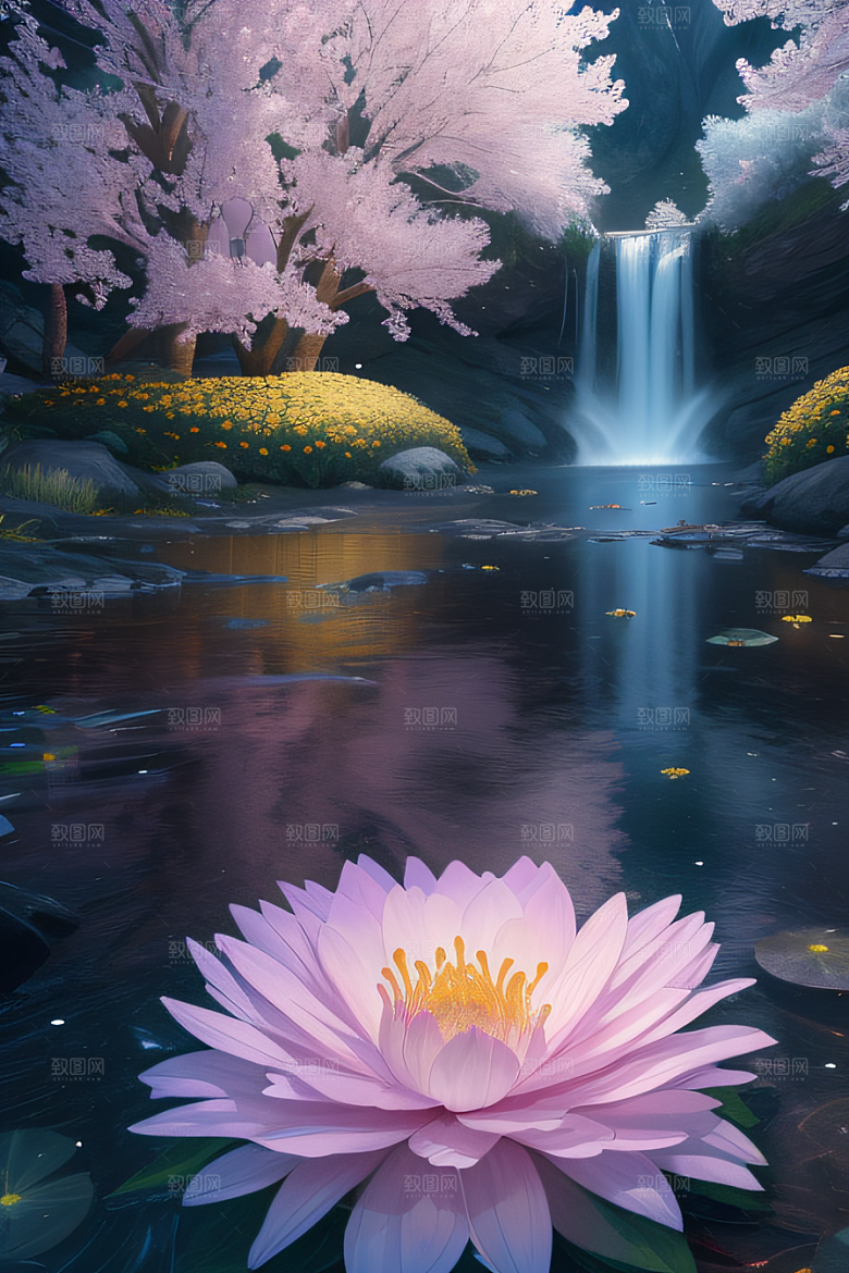 水流湍急中的花朵绽放美丽奇观