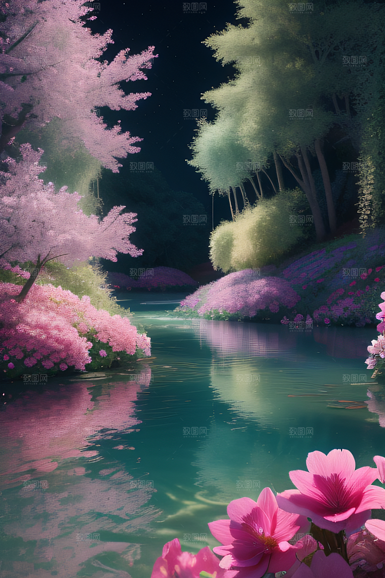 水流湍急中的花朵绽放美丽奇观