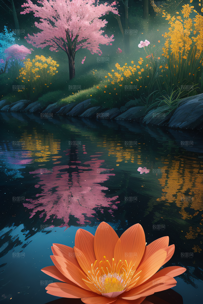 水流湍急中的花朵绽放美丽奇观