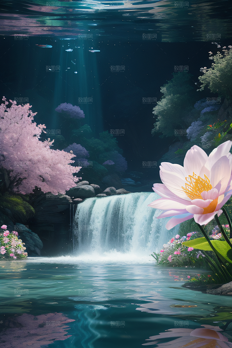 水流湍急中的花朵绽放美丽奇观