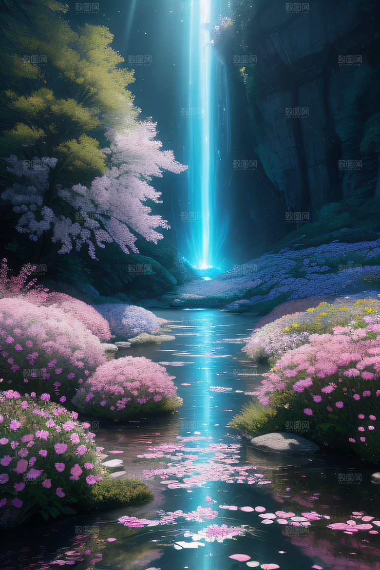 水流湍急中的花海奇观视觉盛宴