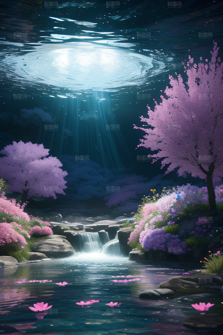 水流湍急中的花海奇观视觉盛宴