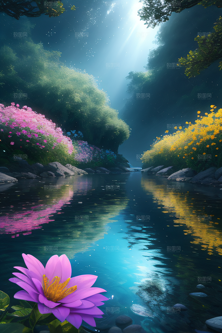 水流湍急中的花海奇观视觉盛宴