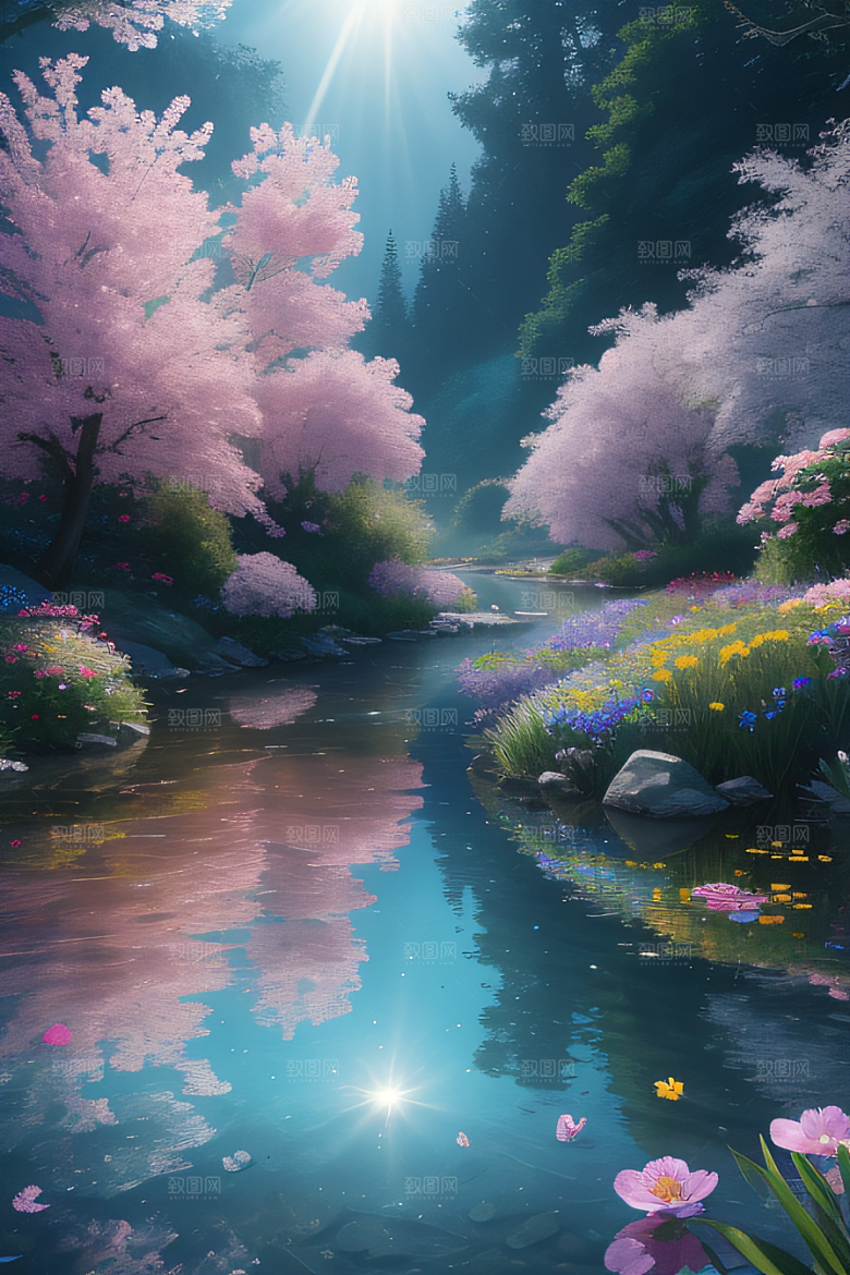 水流湍急中的花海奇观视觉盛宴