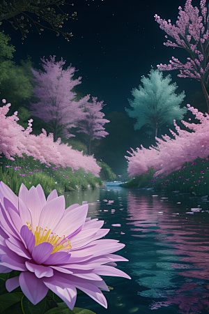 水流湍急中的花海奇观视觉盛宴