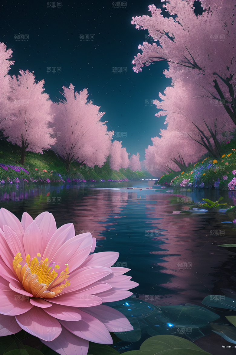 水流湍急中的花海奇观视觉盛宴