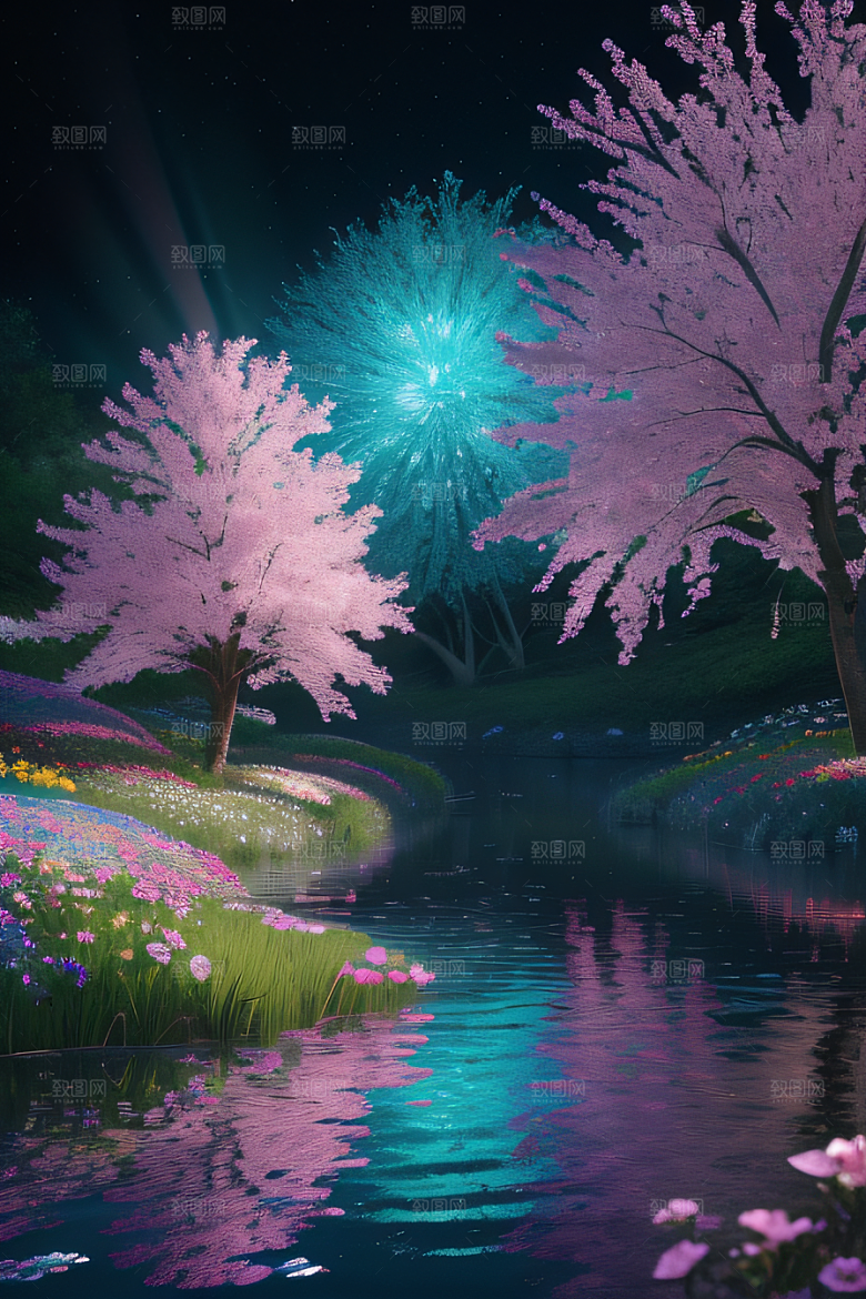 水流湍急中的花海奇观视觉盛宴