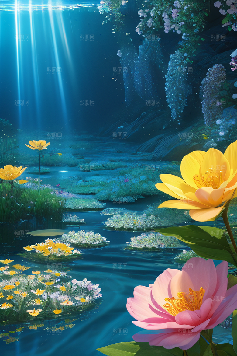 水流湍急中的花开盛景绚丽多彩