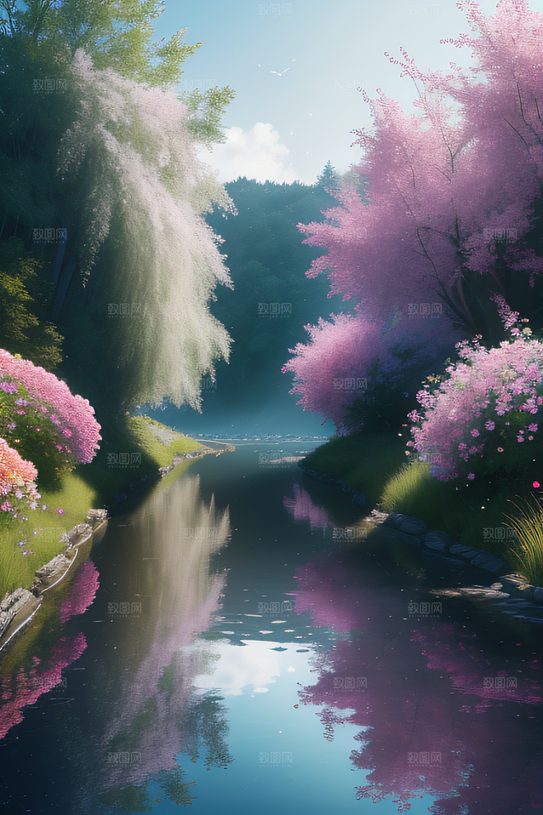 水流湍急中的花开盛景绚丽多彩