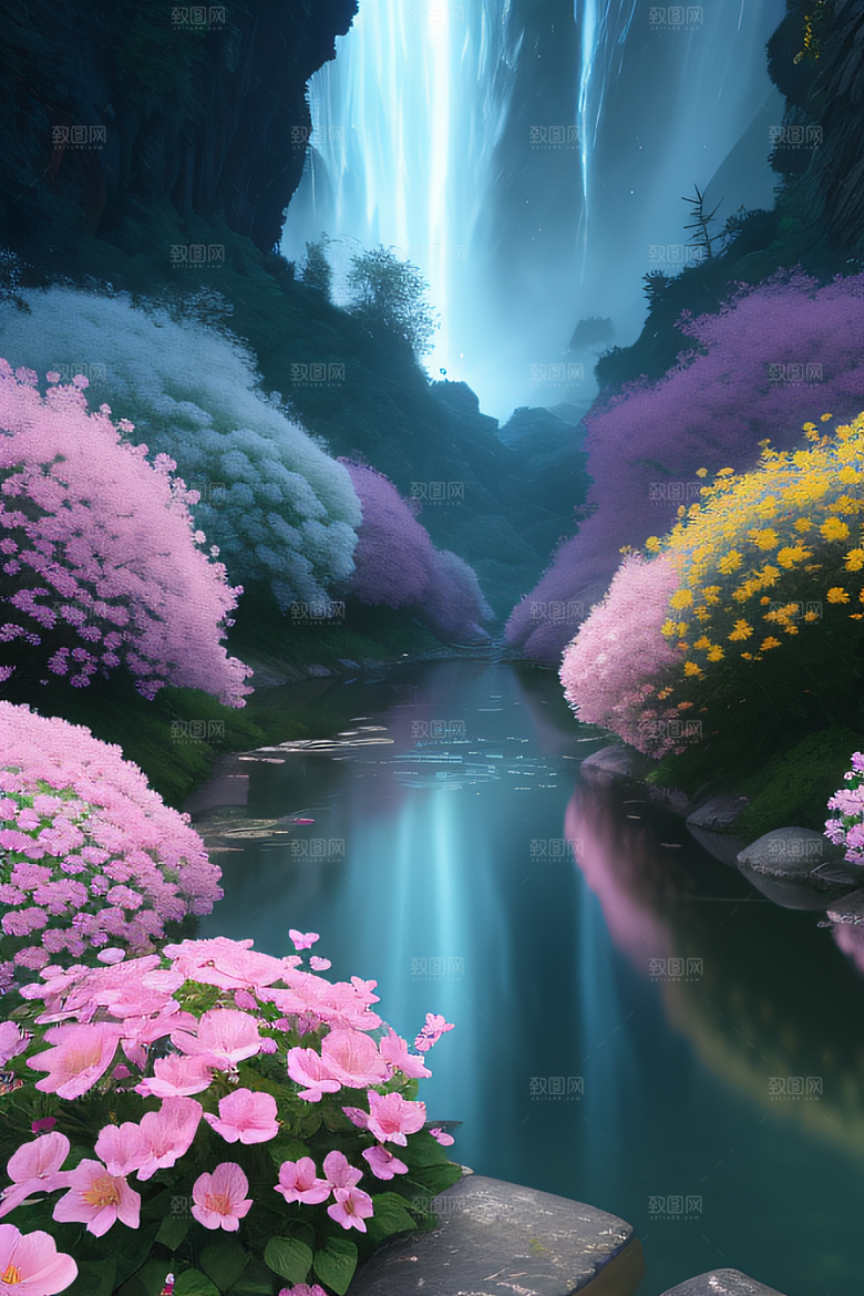 水流湍急中的花开盛景绚丽多彩