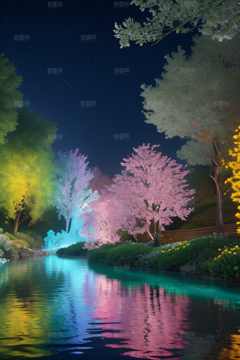 水流湍急中的花开盛景绚丽多彩