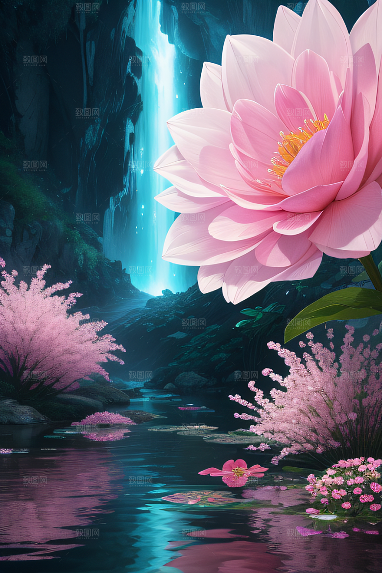 水流湍急中的花开盛景绚丽多彩
