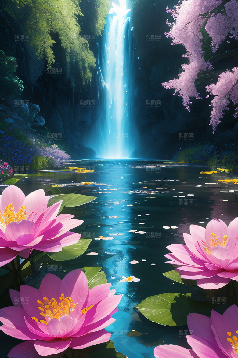 水流湍急中的花开盛景绚丽多彩