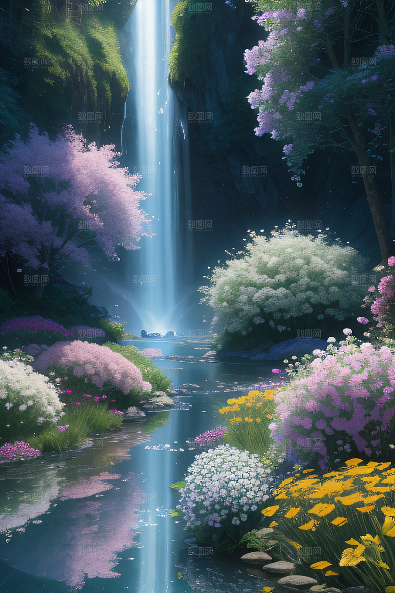 水流湍急中的花开盛景绚丽多彩