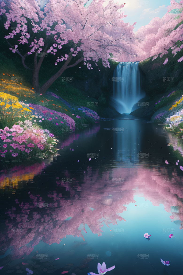 水流湍急中的花开盛景绚丽多彩