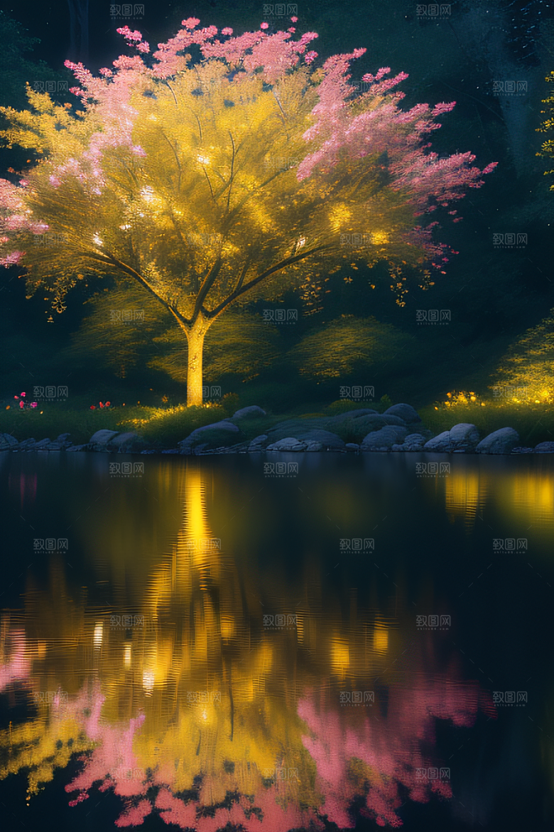 水流湍急中的花开盛景绚丽多彩