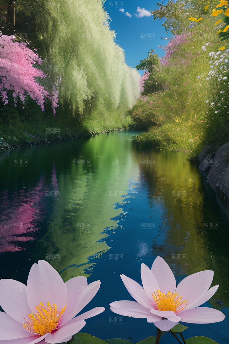 水流湍急中的花开盛景绚丽多彩