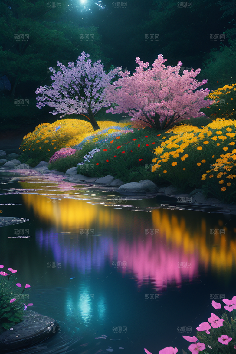 水流湍急中的花开盛景绚丽多彩