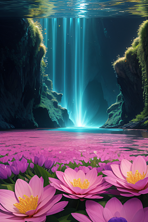 水流湍急中的花开盛景绚丽多彩
