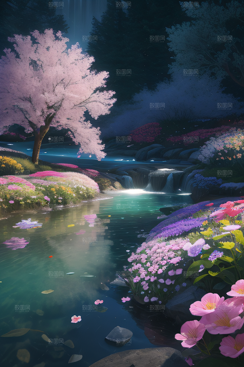 水流湍急中的花开盛景绚丽多彩