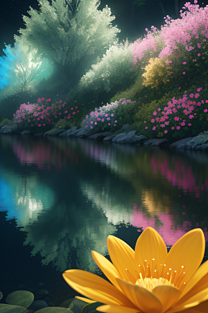 水流湍急中的花开盛景绚丽多彩