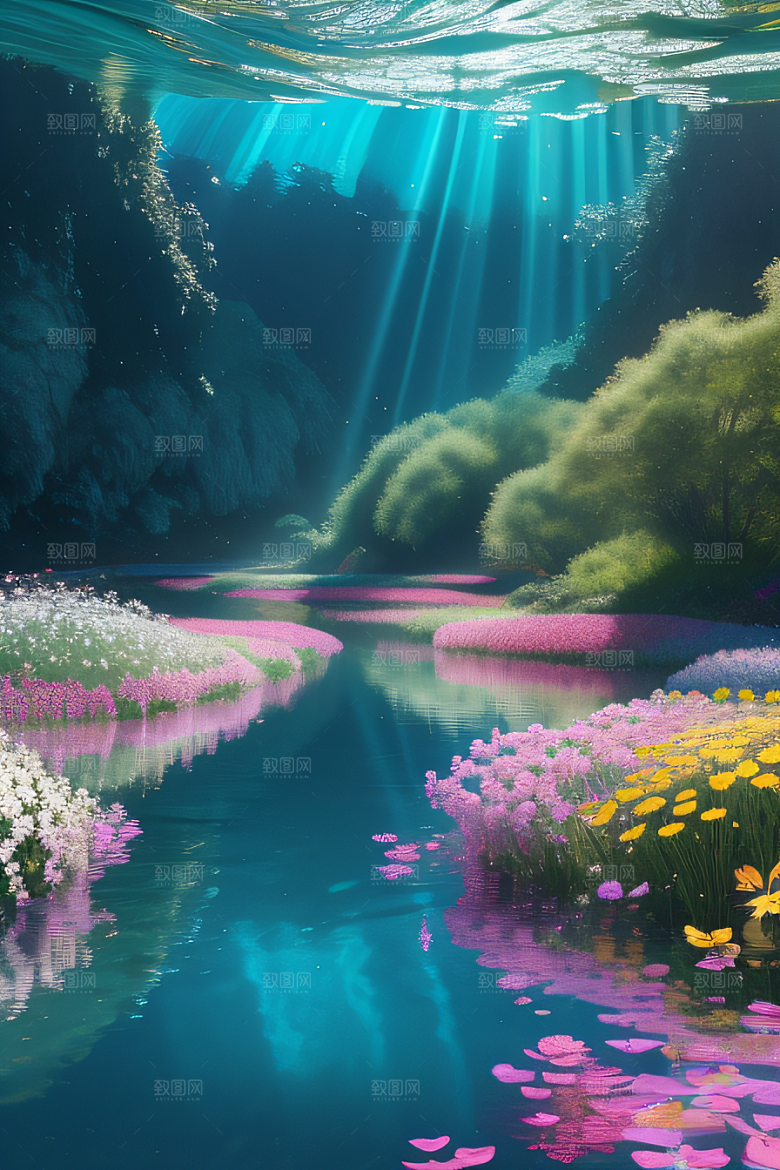 水流湍急中的花海绽放美不胜收