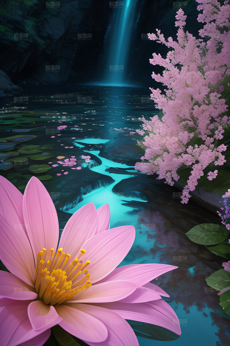 水流湍急中的花海绽放美不胜收