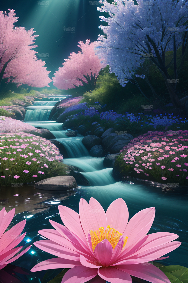 水流湍急中的花海绽放美不胜收