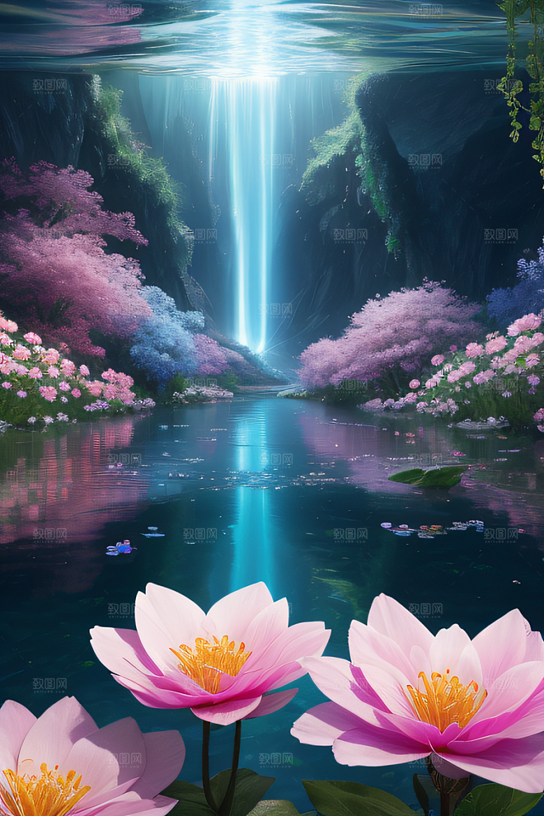 水流湍急中的花海绽放美不胜收