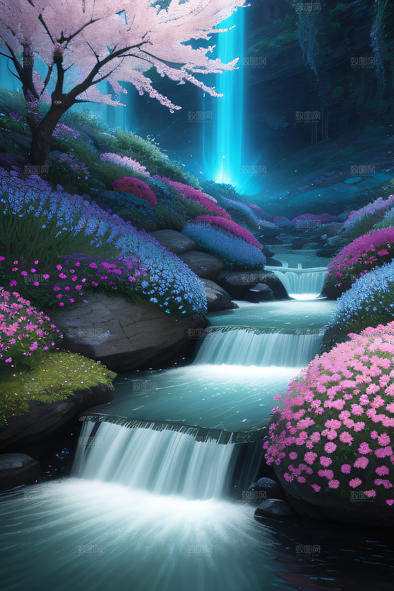 水流湍急中的花海绽放美不胜收