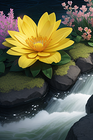 水流湍急中的花海奇景绚烂夺目