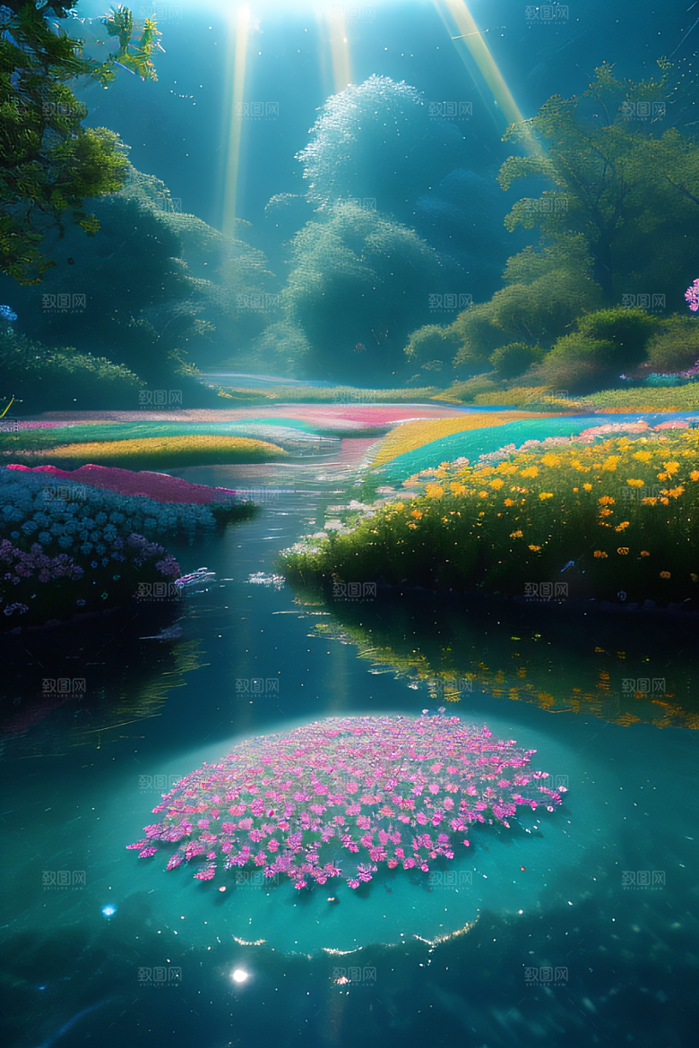 水流湍急中的花海奇景绚烂夺目