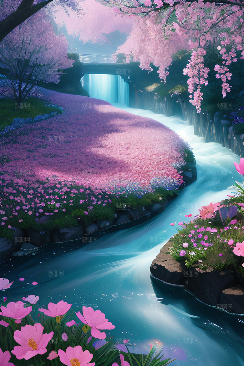 水流湍急中的花海奇景绚烂夺目