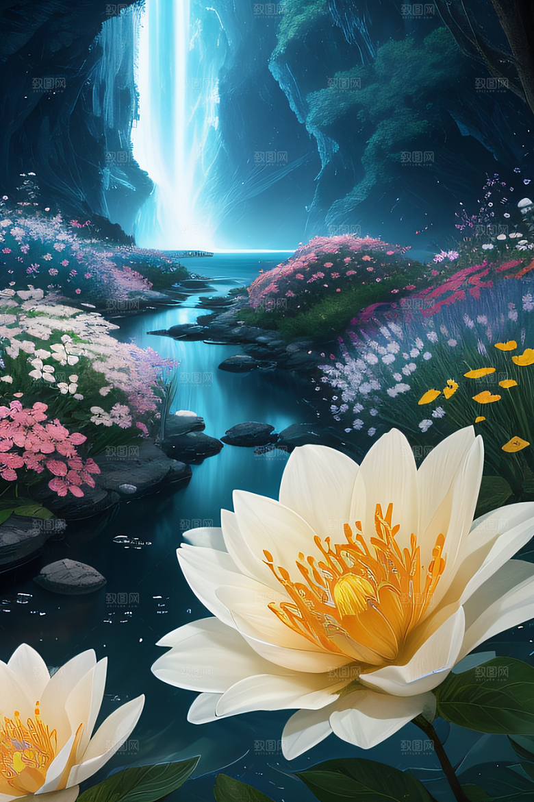 水流湍急中的花海奇景绚烂夺目