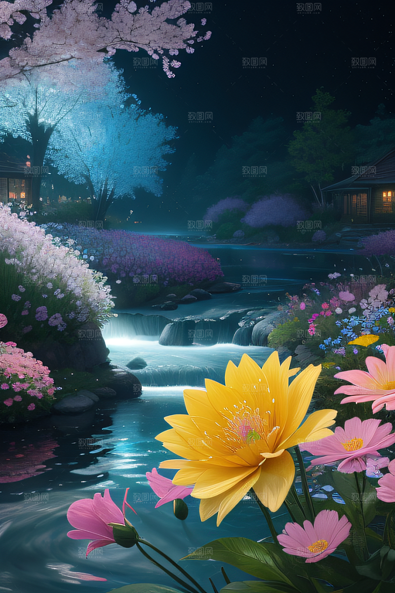 水流湍急中的花海奇景绚烂夺目